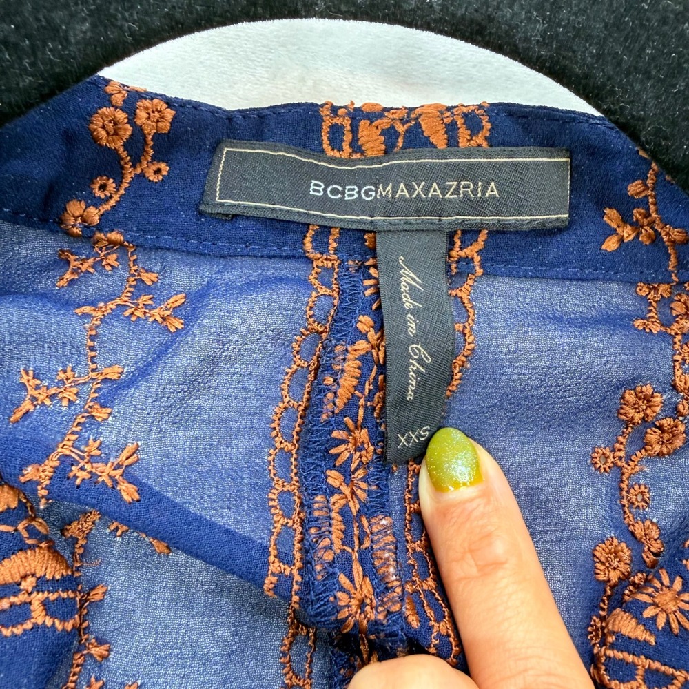 BCBGMAXAZRIA Navy Blue Orange Embroidered Lace Trim Maxi Dress Long Sleeve XXS - Picture 11 of 16